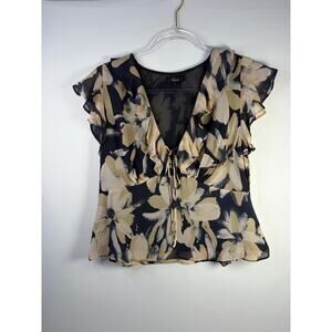 Rails Black and Beige Floral Ruffle Tie-Front Blouse